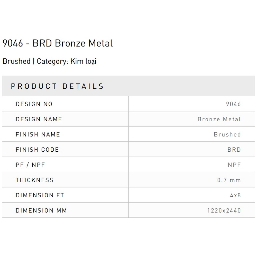 Laminate Splendor 9046-BRD-Bronze-Metal bề mặt kim loại Bronze